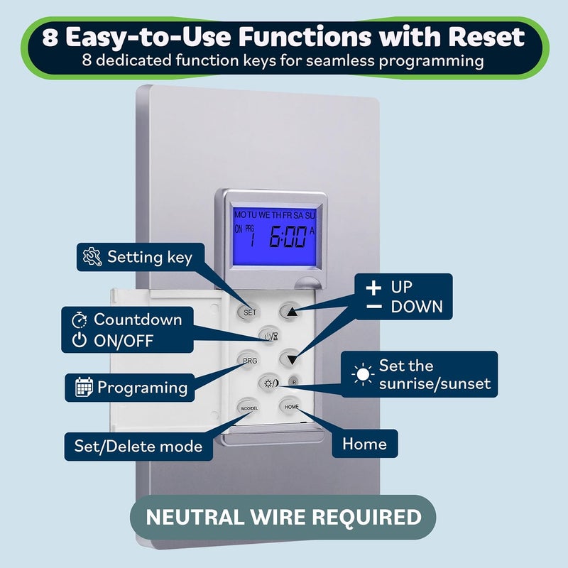 TOPGREENER Digital Astronomic Timer Switch, 7-Day Programmable Sunrise Sunset, Single Pole or 3-Way, Neutral Wire Required, 120VAC, UL Listed, TGT01-H-SV, Silver - Image 3